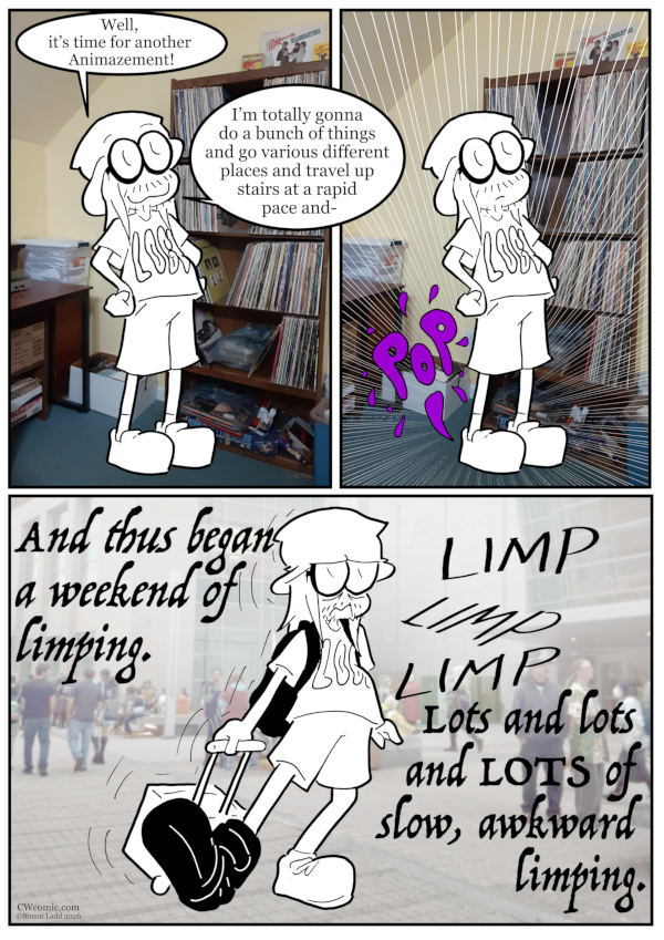 Foot brace thing exaggerated for comedic affect.  Injured extremities may be closer than they actually appear.  Your actual foot injury may vary.
