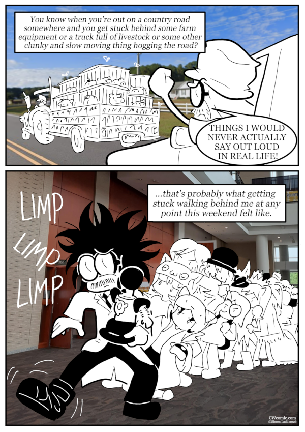 Inspired by actual tales of my friends getting stuck behind a truck full of hogs on the way to Otakon